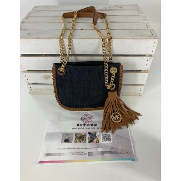 MICHAEL KORS SMALL DENIUM AND BROWN LEATHER SHOULDER BAG - Picture 1 of 10